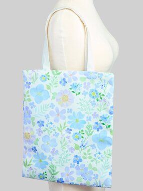 Blue Purple Floral Canvas Tote Bag